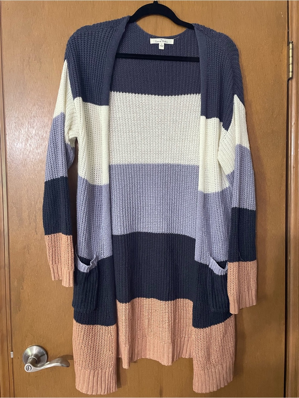 Love Tree Striped Open-Front Cardigan in Navy, Cream, Lavender & Blush